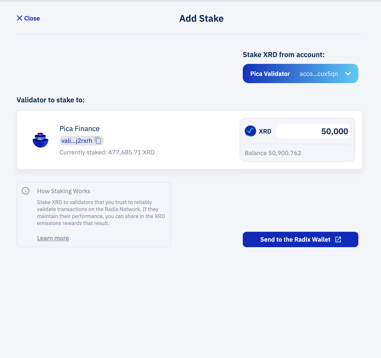 Click the image to go to the Pica validator directly or find it on dashboard.radixdlt.com/network-staking. Enter the stake amount and confirm using the Radix Wallet mobile app to start staking and earning rewards!